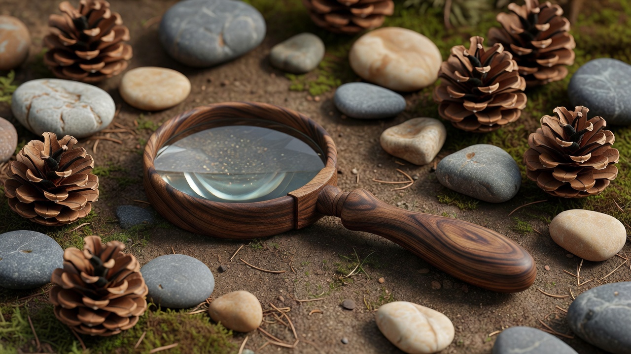 3D still life illustration of a hand magnifying glass on natural cedarwood