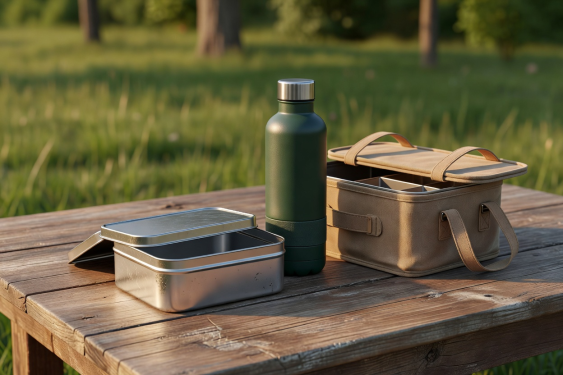 3D still life illustration of steel lunch tin and durable insulated water bottle