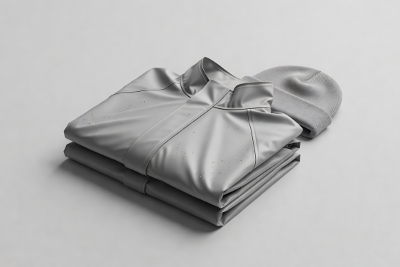 3D illustration of clean folded waterproof rain jacket and beanie hat